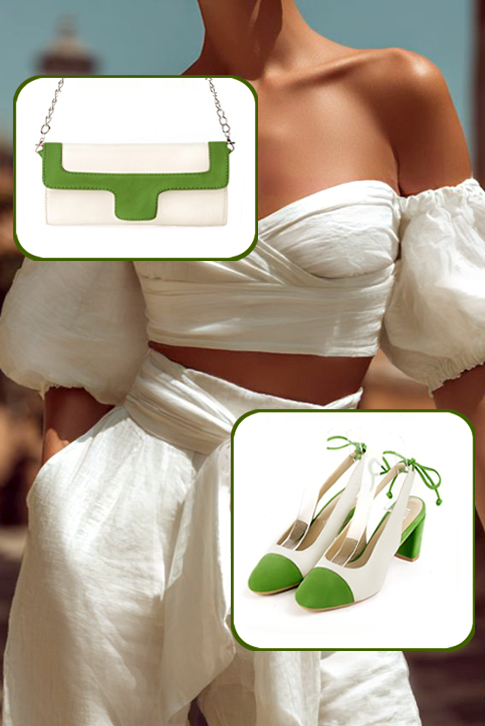 Women's grass green and off white elegant slingback heels. Round toe. Medium block heels - Worn view